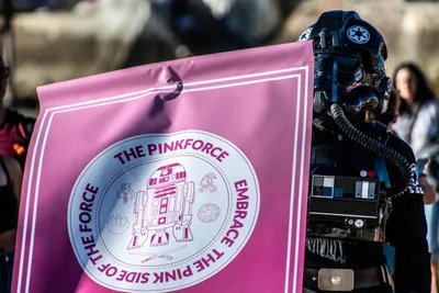 Un piloto de caza TIE, de negro y con tubos en el pecho, junto a la bandera rosa de The Pink Force con el droide R2-KT.