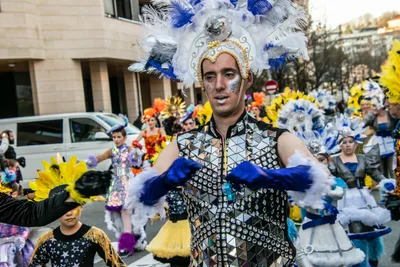 Hombre con tocado de plumas blancas y peto de espejos, con la comparsa de plumas detrás.