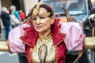 Mujer con antifaz dorado y casaca rosa y granate de cuello alto.