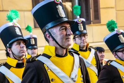 Un gastador de uniforme amarillo y negro, con chacó y penacho verde, de perfil dentro de la formación.
