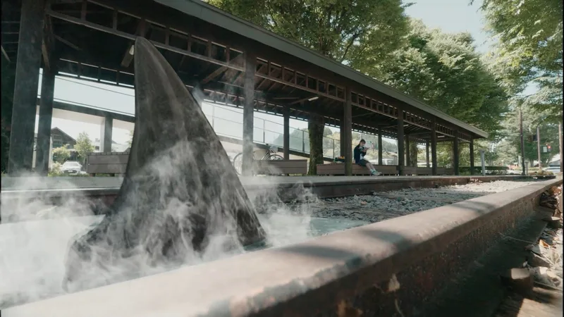 «HotSpring SharkAttack 2» filmeko fotograma: marrazo-hegats gris erraldoi bat ur beroko ubide bateko lurrunaren artetik ateratzen da Japoniako tren-geltoki bateko trenbidearen ondoan, atzean egurrezko nasa bat eta zuhaitzak.