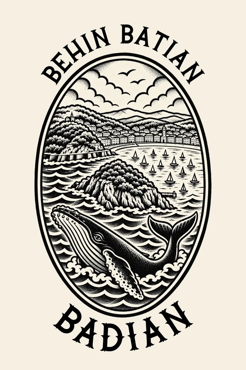 Zuri-beltzeko ilustrazioa, grabatu estilokoa, obalo baten barruan: Kontxako badia Santa Klara uhartearekin, bela-ontziak eta atzean mendia, eta lehen planoan balea bat olatuen artean jauzika. Goian, «Behin batian», eta behean, «Badian», inprenta zaharreko letretan.